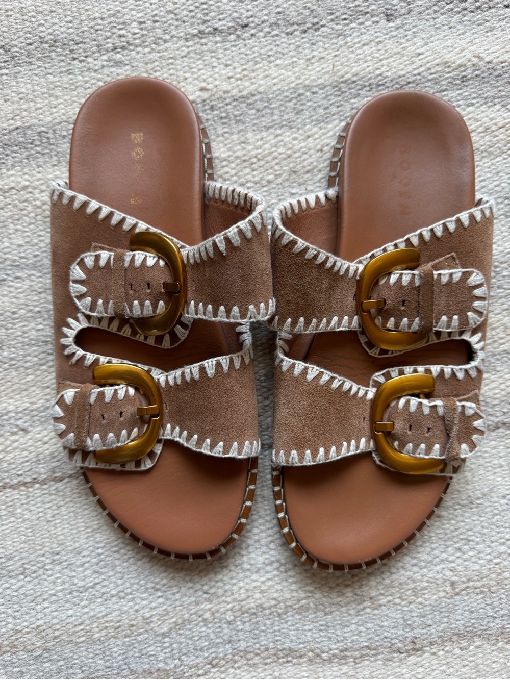 Boden Tan Suede Double-Buckle Slide Sandals with White Stitching